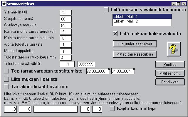 Normaalisti etiketit tulostuvat kaikista kriteereihin sopivista tuotteista, mutta ruksaamalla oheisen kohdan ohjelma tulostaa etikettejä myös siten, että annetun aikavälin lisäyksistä tuotekortteihin