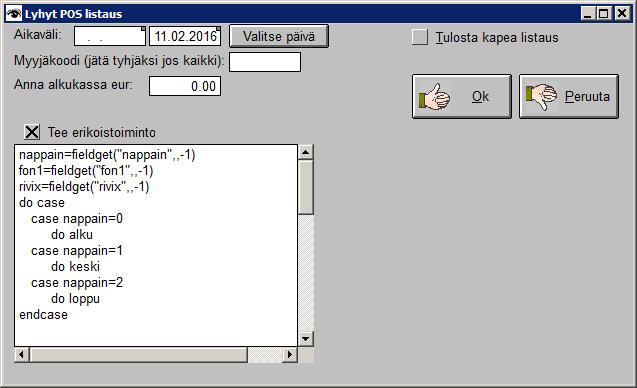 26.6.2014 Lyhyt POS listaus -sisältää mahdollisuuden omiin virityksiin tulosteessa. 5.7.2016 Poiminnassa parannuksia. 8.7.2016 Tuotekortin käyttöliittymässä enemmän tilaa taulukolle. 11.7.2016 Inventaariossa näkyy nykyinen varastotilanne inventoitaessa.