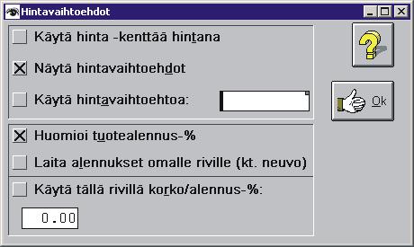 28.10.2004 Kun tuotetta haetaan viivakoodin avulla ohjelma saadaan näyttämään myös eri hintavaihtoehdot. Tämän toiminnon saa päälle Alennukset ym.