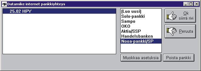 4.8.2004 Internet pankkimaksujen siirrossa on nyt mahdollista muokata asetuksia ja lisätä itse pankkeja. Nyt myös mukana Handelsbanken ja Nooa/SP pankki.