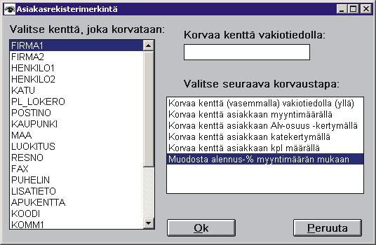 .. Ohjelma laskee asiakkaille sopivan luokitustaulukkoon menevän alennus%:n. Esimerkiksi kun asiakkaan myynti on ylittänyt 2681 hän saa alennus-%:ksi 10.7%.