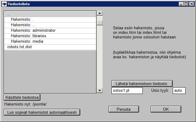 pl tiedostot saavat 755, muut 644). Ostoskoriohjelmassa kuvatiedostojen sijainti -ikkunassa voidaan hakemisto valita netistä. 7.7.2015 Kassapääteohjelman Siirrä reskontraan pyrkii tarakastamaan onko tieto jo aiemmin siirretty.