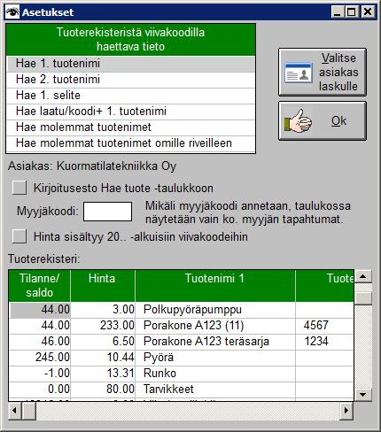 2016 Kassapääteohjelman Asetukset -ikkunassa näkyvillä on tuoterekisterin