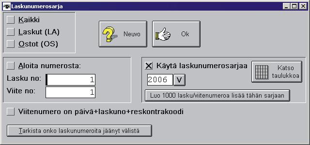 23.7.2007 Ikkunassa Laskunumerosarja on pikavalinta Luo 1000 lasku/viitenumeroa lisää tähän sarjaan. Ikkunassa "Hae tuote" -> "Valitse hinta ja päivitä varasto" on päivälle kenttä.