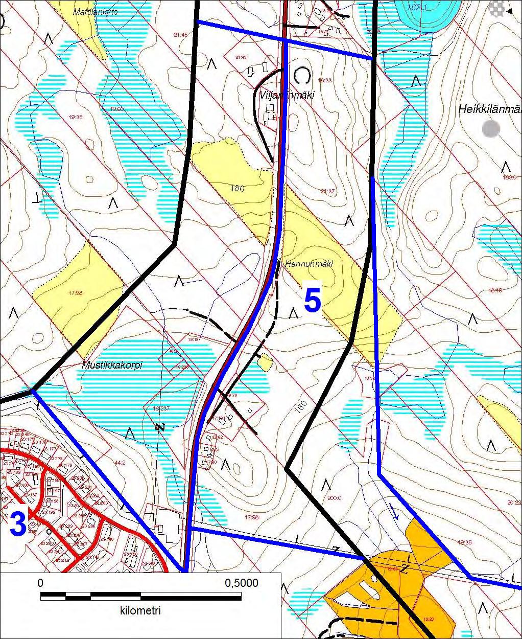 Kuva 6. Alueen 5 sijainti ja rajat Kannonkoskentien itäpuolella. Alue 6 Alueeseen sisältyvät Herajärven Pohjoislahden ranta-alueet valtatie 13:n eteläpuolella.
