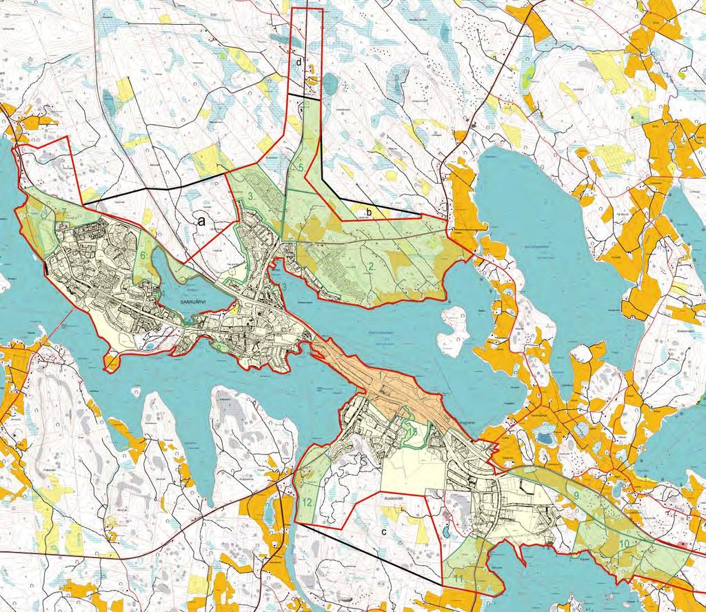 Kuva 2. Saarijärven keskustan yleiskaavan mahdolliset uudet rakentamisalueet (1 15, vihreät rasterit), mahdolliset laajentumisalueet a c sekä kaava-alueesta mahdollisesti poistettava alue d.