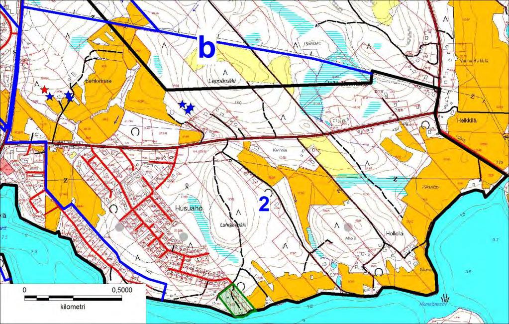 Kuva 4. Alueen 2 sijainti ja rajat. Kuvan yläreunassa näkyy myös mahdollinen laajentumisalue b. Alue 3 Alueen muodostaa Mustikkakorven rakentamaton osa asuinalueiden välissä.