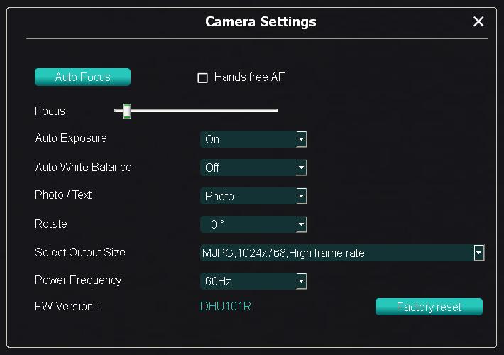 6.2.4 Kameran Asetukset Hallitse live-kuvaa Kameran asetukset-liittymästä. Käyttötoimenpide on sama kuin dokumenttikameran ohjauspaneelilla tai kaukosäätimellä.