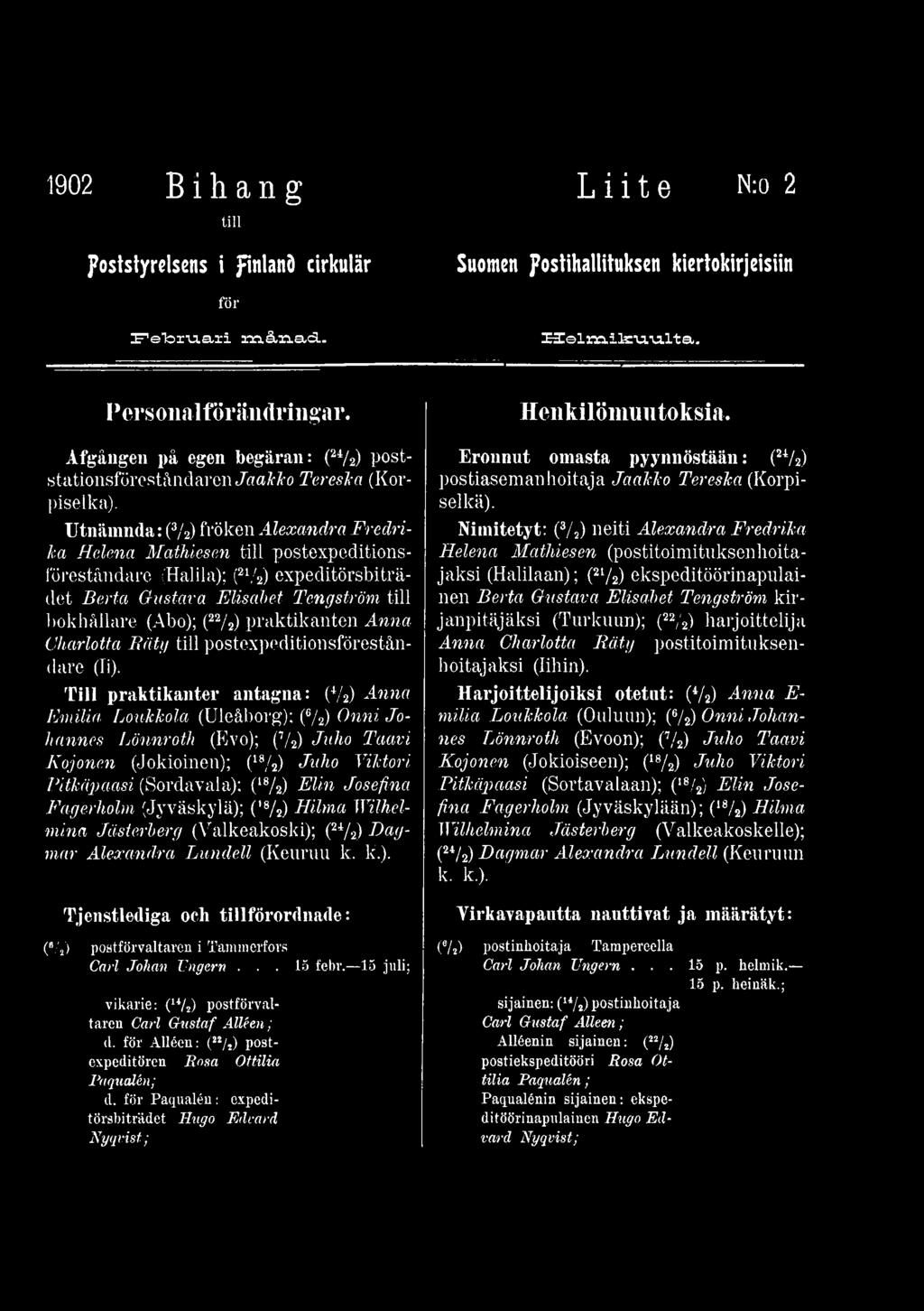 Till praktikanter antagna: (4/2) Anna Emilia Loukkola (Uleåborg); (6/2) Onni Johannes Lönnroth (Evo); (7/2) Julio Taavi Kojonen (Jokioinen); (18/2) Juho Vihtori Pitkäpaasi (Sordavala); (18/2) Elin