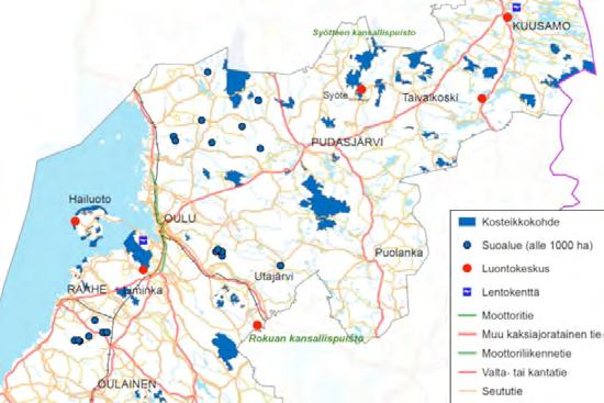 Kuva 50. Pohjois-Pohjanmaan kosteikkokohteiden saavutettavuus. Lähde: PPLIITTO 2013. vat Veneneva-Pelso ja Olvassuo. Merenlahdista merkittävimmät ovat Liminganlahti ja Hailuodon rantaniityt ja lahdet.