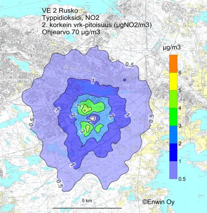 Tammervoima 2010 LIITE 4 Kuva 6. Typpidioksidin toiseksi korkein vuorokausipitoisuus (µgno 2 /m 3 ) vaihtoehdossa VE 2, Rusko.