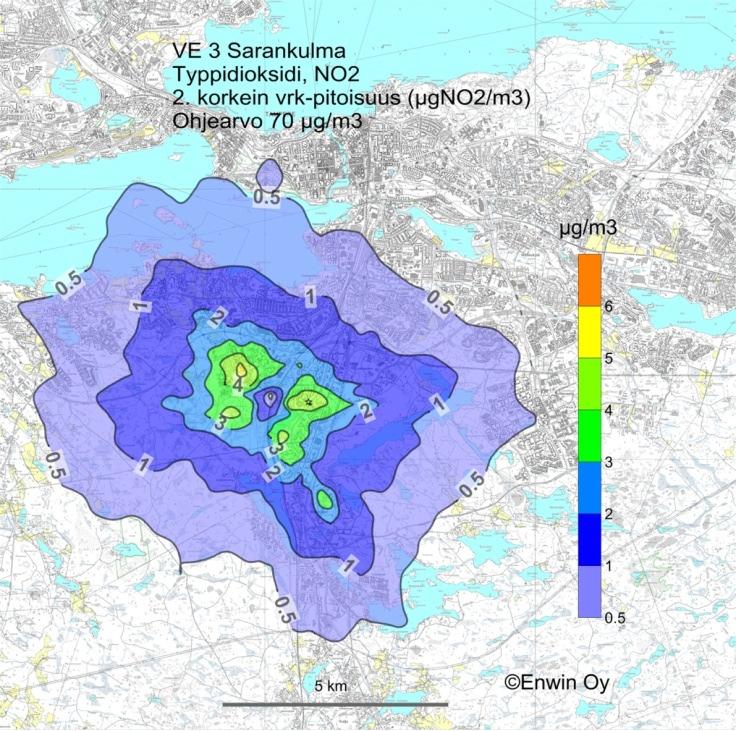 Tammervoima 2010 LIITE 4 Kuva 7. Typpidioksidin toiseksi korkein vuorokausipitoisuus (µgno 2 /m 3 ) vaihtoehdossa VE 3, Sarankulma.