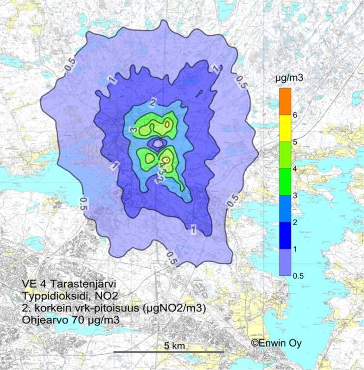Tammervoima 2010 LIITE 4 Kuva 8. Typpidioksidin toiseksi korkein vuorokausipitoisuus (µgno 2 /m 3 ) vaihtoehdossa VE 4a, Tarastenjärvi.