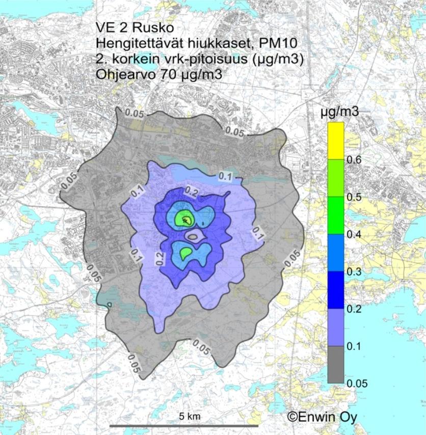 Tammervoima 2010 LIITE 5 Kuva 10. PM 10 -hiukkasten toiseksi korkein vuorokausipitoisuus (µgpm 10 /m 3 ) vaihtoehdossa VE 2, Rusko.