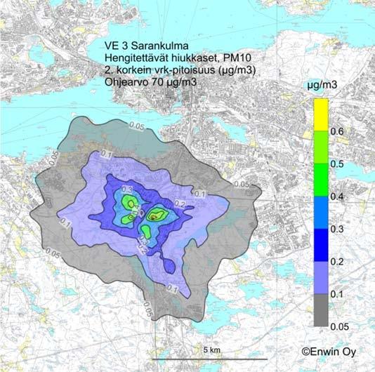 Tammervoima 2010 LIITE 5 Kuva 11. PM 10 -hiukkasten toiseksi korkein vuorokausipitoisuus (µgpm 10 /m 3 ) vaihtoehdossa VE 3, Sarankulma.