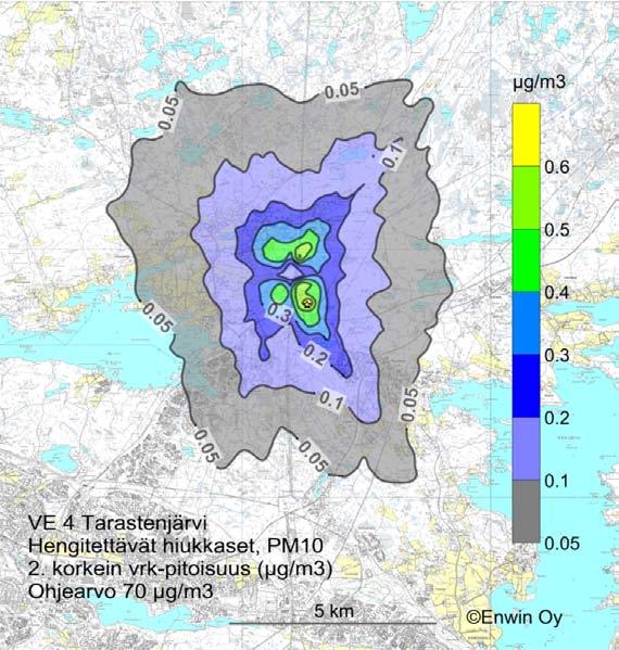 Tammervoima 2010 LIITE 5 Kuva 12. PM 10 -hiukkasten toiseksi korkein vuorokausipitoisuus (µgpm 10 /m 3 ) vaihtoehdossa VE 4a, Tarastenjärvi.