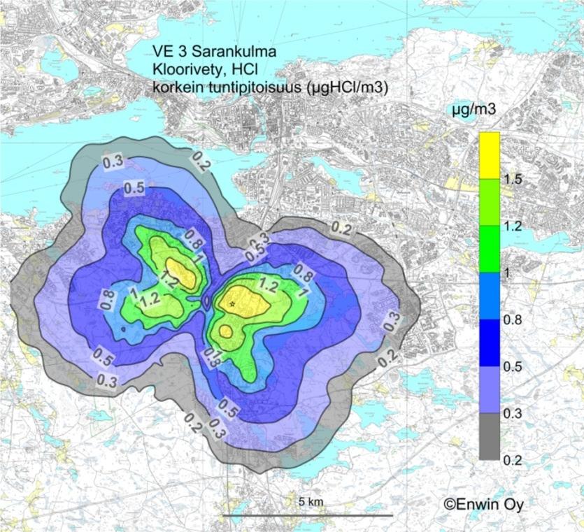 Tammervoima 2010 LIITE 6 Kuva 15. Kloorivedyn korkein tuntipitoisuus (µghcl/m 3 ) vaihtoehdossa VE 3, Sarankulma (jätevoimalan päästöt raja-arvossa). Korkein pistepitoisuus (*) oli 2.4 µghcl/m 3.