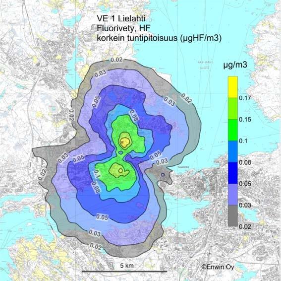 Tammervoima 2010 LIITE 7 LIITE 7. FLUORIVETY (HF) - VE 1- VE 4a Kuva 17. Fluorivedyn korkein tuntipitoisuus (µghf/m 3 ) vaihtoehdossa VE 1, Lielahti (jätevoimalan päästöt raja-arvossa).