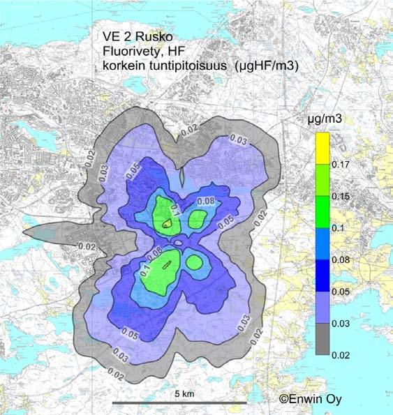 Tammervoima 2010 LIITE 7 Kuva 18. Fluorivedyn korkein tuntipitoisuus (µghf/m 3 ) vaihtoehdossa VE 2, Rusko (jätevoimalan päästöt raja-arvossa). Korkein pistepitoisuus (*) oli 0.2 µghf/m 3.