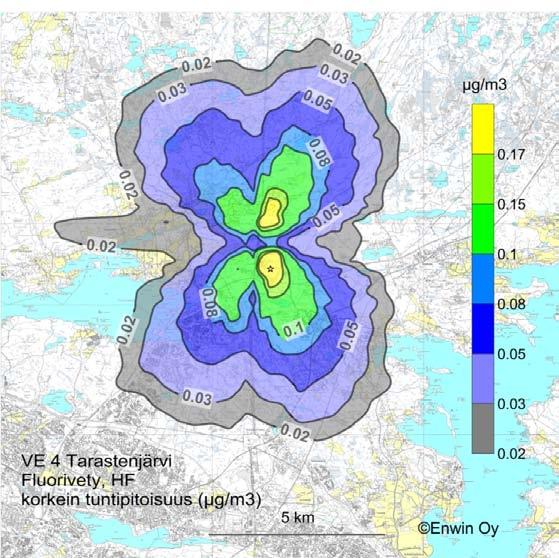 Tammervoima 2010 LIITE 7 Kuva 20. Fluorivedyn korkein tuntipitoisuus (µghf/m 3 ) vaihtoehdossa VE 4a, Tarastenjärvi (jätevoimalan päästöt raja-arvossa). Korkein pistepitoisuus (*) oli 0.2 µghf/m 3.