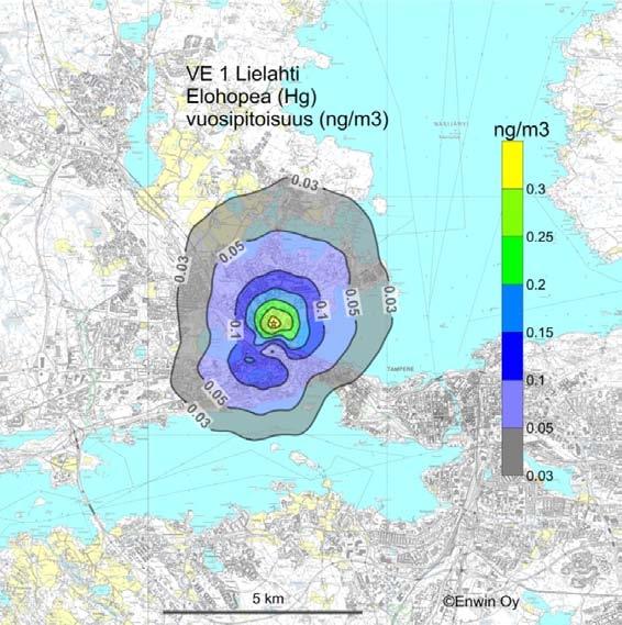 Tammervoima 2010 LIITE 8 LIITE 8. ELOHOPEA (Hg) - VE 1- VE 4a Kuva 21. Elohopean vuosipitoisuus (ng/m 3 ) vaihtoehdossa VE 1, Lielahti (jätevoimalan päästöt raja-arvossa).