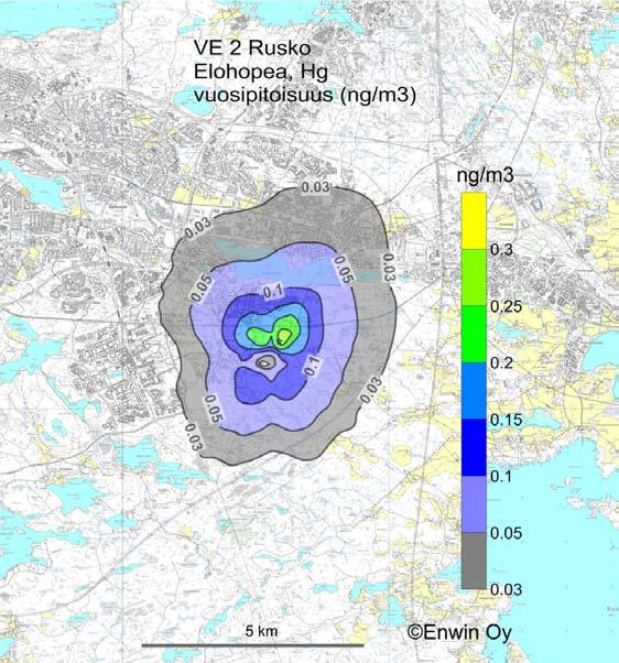 Tammervoima 2010 LIITE 8 Kuva 22. Elohopean vuosipitoisuus (ng/m 3 ) vaihtoehdossa VE 2, Rusko (jätevoimalan päästöt raja-arvossa). Korkein pistepitoisuus (*) oli 0.29 nghg/m 3.