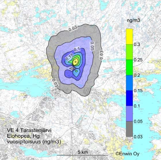 Tammervoima 2010 LIITE 8 Kuva 24. Elohopean vuosipitoisuus (ng/m 3 ) vaihtoehdossa VE 4a, Tarastenjärvi (jätevoimalan päästöt raja-arvossa). Korkein pistepitoisuus (*) oli 0.45 nghg/m 3.