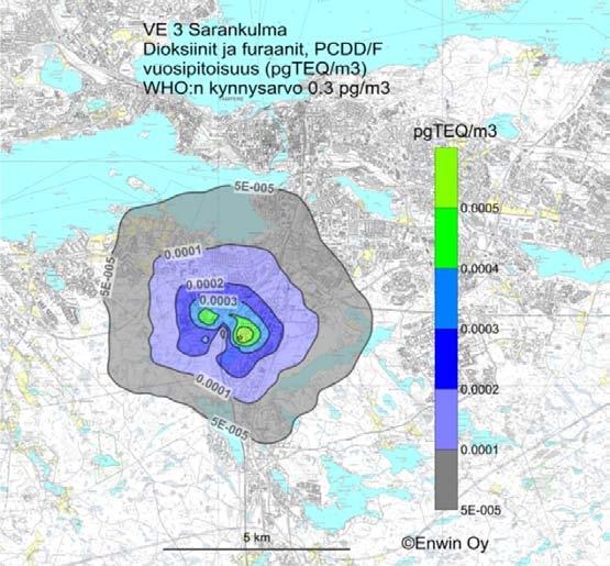 Tammervoima 2010 LIITE 11 Kuva 35. Dioksiinien ja furaanien (PCDD/F) vuosipitoisuus (pgteq/m 3 ) vaihtoehdossa VE 3, Sarankulma (jätevoimalan päästöt raja-arvossa).