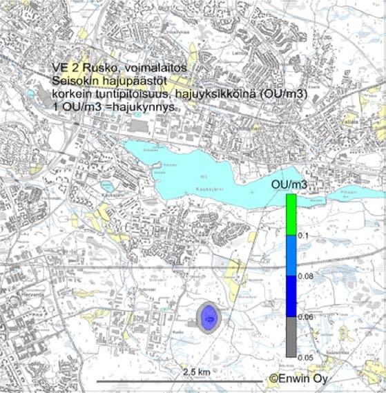 Tammervoima 2010 LIITE 12 Kuva 38. VE 2 Rusko, Hajun leviäminen voimalaitoksen seisokissa. Korkeimmat tuntipitoisuudet hajuyksikköinä (ou/m 3 ).