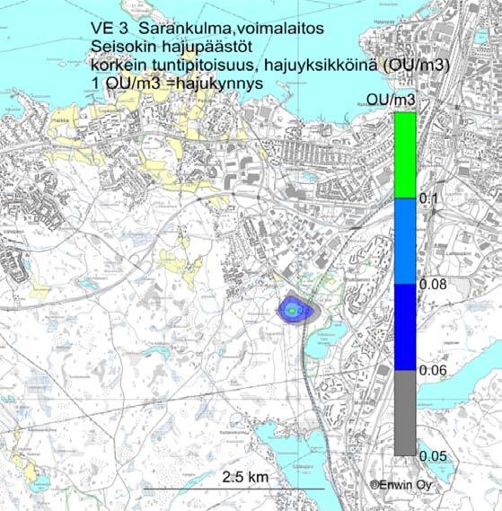 Tammervoima 2010 LIITE 12 Kuva 39. VE 3 Sarankulma, Hajun leviäminen voimalaitoksen seisokissa. Korkeimmat tuntipitoisuudet hajuyksikköinä (ou/m 3 ).