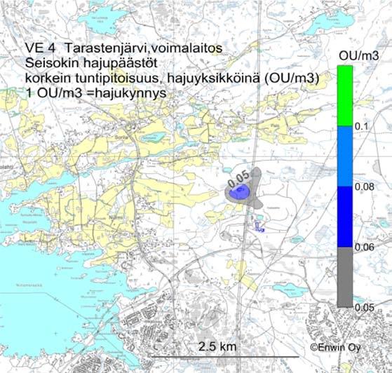 Tammervoima 2010 LIITE 12 Kuva 40. VE 4a Tarastenjärvi, Hajun leviäminen voimalaitoksen seisokissa. Korkeimmat tuntipitoisuudet hajuyksikköinä (ou/m 3 ).