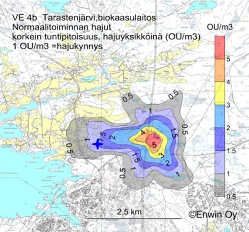 13 Kuva 3. Hajun tuntipitoisuudet (OU/m 3 ) kolmen vuoden tarkastelujaksolla n. 1.5 km länteen biokaasulaitoksesta (yläkuvan tähti = lähin asuntoalue).