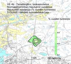 välittömään läheisyyteen. Yli 3 OU/m 3 hajutunteja esiintyy kokonaisuudessaan vähän ja pääasiassa jätteidenkäsittelyalueella.