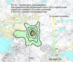 Kuvassa 5 on esitetty hajufrekvenssit prosentteina vuoden tunneista lyhytaikaiselle (30 s) hajulle, kun hajukynnysarvona on käytetty pitoisuuksia 1 OU/m 3 (vasemmanpuoleinen kuva) ja 3 OU/m 3