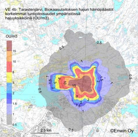 17 6.2 Biokaasulaitoksen häiriöpäästöjen leviäminen Hajun leviäminen mallinnettiin myös Tarastenjärvelle suunnitellun biokaasulaitoksen teoreettisessa prosessihäiriötilanteessa.