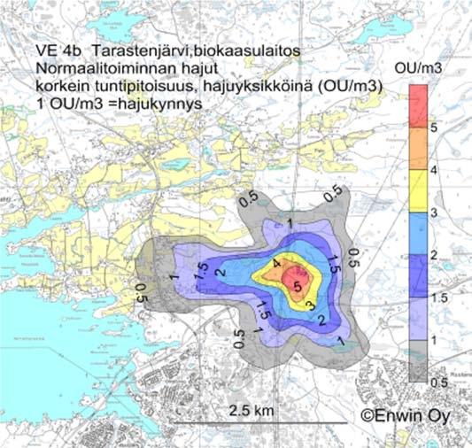 LIITE 1. Tarastenjärvi, Biokaasulaitos VE 4b Normaalitoiminnan hajupäästöjen leviäminen, tuntipitoisuudet ja hajutunnit vuodessa LIITE 1 Kuva 1.