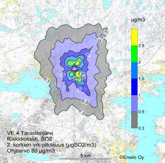 Tammervoima 2010 LIITE 3 Kuva 4. Rikkidioksidin toiseksi korkein vuorokausipitoisuus (µgso 2 /m 3 ) vaihtoehdossa VE 4a, Tarastenjärvi.