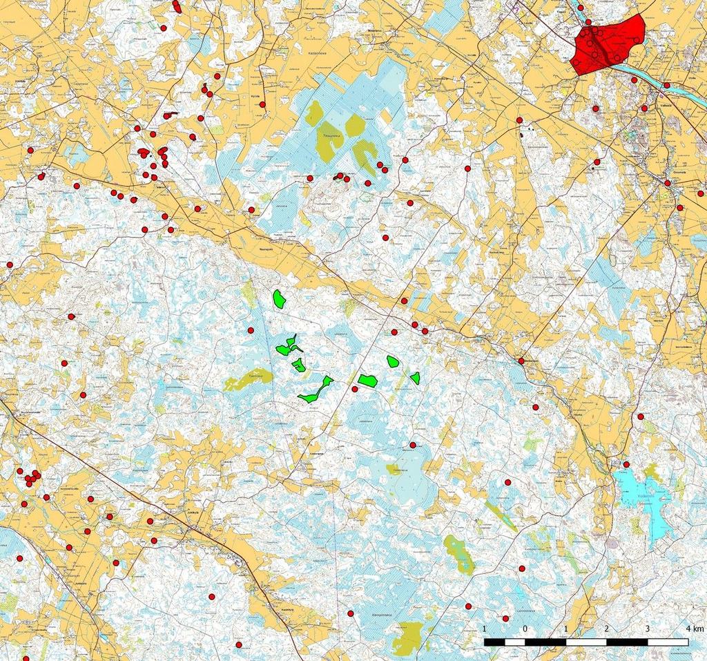 4 Tunnetut arkeologiset kohteet punaisina ympyröinä ja alueina, kohdetiedot Museoviraston Kulttuuriympäristön palveluikkunan mukaan, tarkastusalueet vihreänä. 2.1.