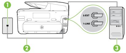 Liite C Tulostimen asentaminen käytettäessä vastaajapalvelua 1. Kytke tulostimen mukana toimitetun puhelinjohdon toinen pää puhelinpistorasiaan ja toinen pää tulostimen takana olevaan 1-LINE-porttiin.
