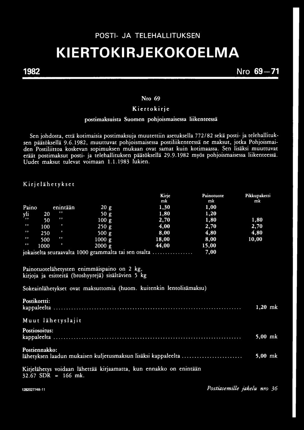 1982, muuttuvat pohjoismaisessa postiliikenteessä ne maksut, jotka Pohjoismaiden Postiliittoa koskevan sopimuksen mukaan ovat samat kuin kotimaassa.