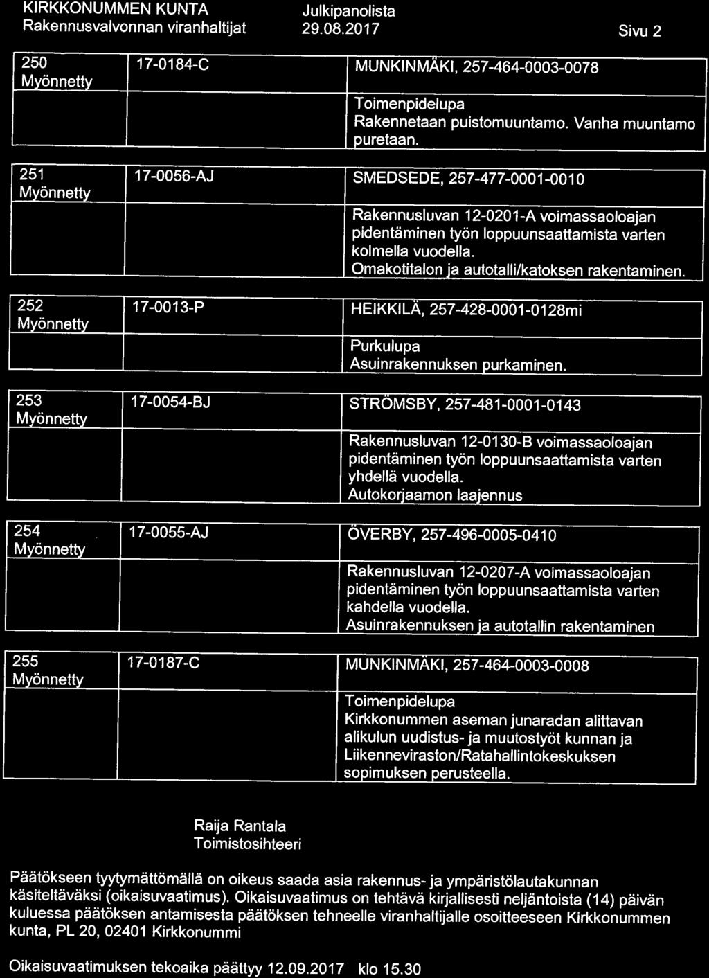 29. 08. 2017 Sivu 2 250 251 17-0184-C MUNKINMÄKI, 257-464-0003-0078 Rakennetaan puistomuuntamo. Vanha muuntama puretaan.