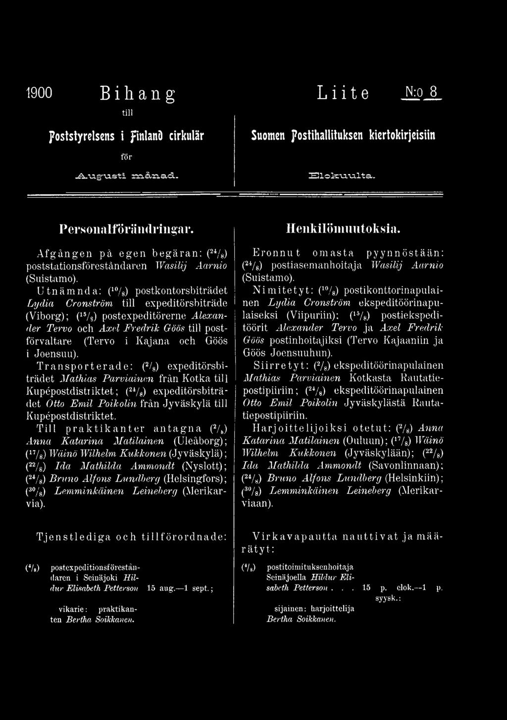 Till praktikanter antagna (2/ ) Anna Katarina Matilainen (Uleåborg); (17/g) Wäinö Wilhelm Kukkonen (Jyväskylä); (22/8) Ida Mathilda Ammondt (Nyslott); (24/8) Bruno Alfons Lundberg (Helsingfors); (3%)