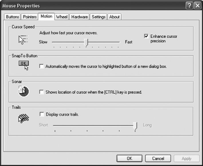 c. Motion (Liike) Cursor Speed (Osoittimen liikkumisnopeus): Säädä osoittimen nopeus näytöllä.