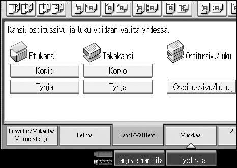 Kopioiminen C Paina [Osoitussivu/Luku]. D Paina [Osoitussivukopio]. E Näppäile ensimmäisen alkuperäisen sivunumero numeronäppäimillä ja paina {q}-näppäintä. F Paina [Sivut].