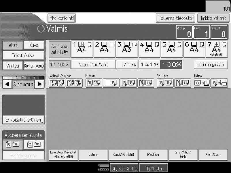 Yhdistelmäkopiointi Yhdistelmäkopioinnin näyttöpaneeli Näytöstä nähdään laitteen toimintatila, virheilmoitukset ja toimintovalikot. Kopioinnin aloitusnäyttö 3 FI APG05S 1. [Yhd.