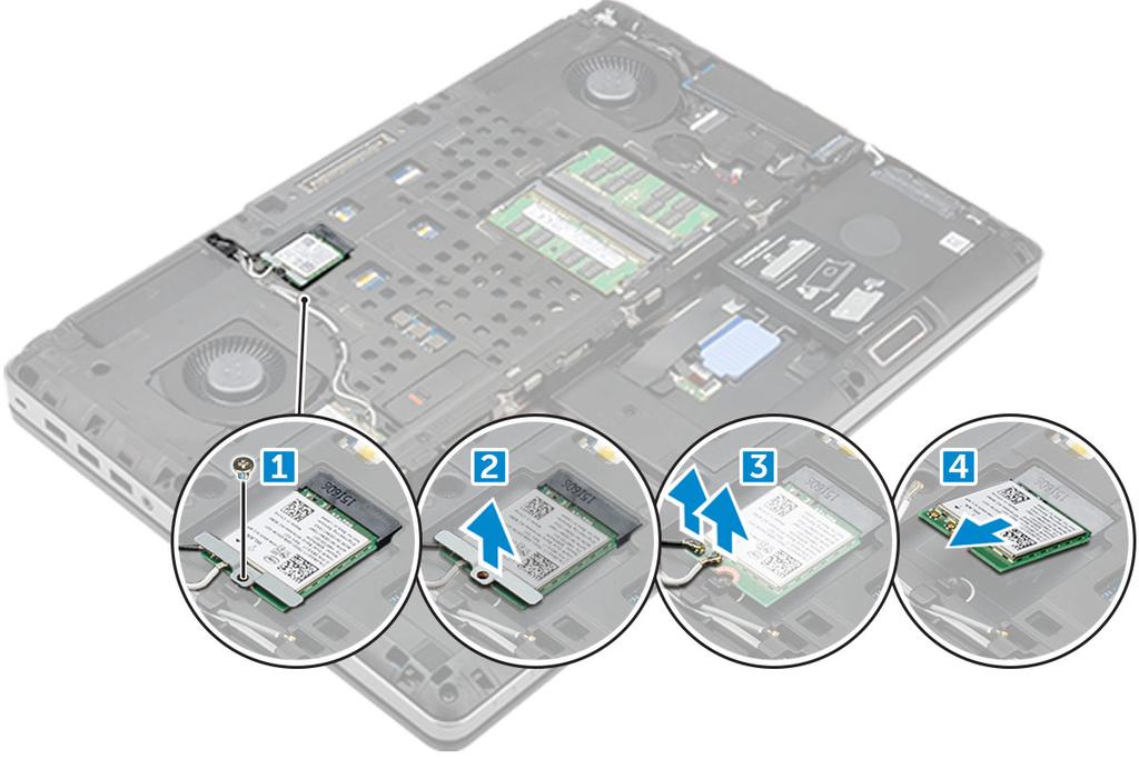 c Rungon suojus 3 WLAN-kortin irrottaminen tietokoneesta: a Irrota M2.0x3.0-ruuvi, jolla WLAN-kortti kiinnittyy tietokoneeseen [1]. b Irrota suojus, joka kiinnittää antennikaapelit [2].