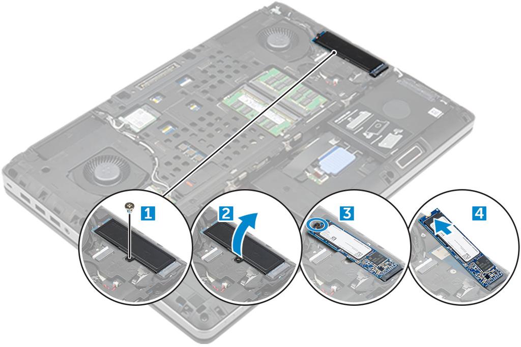 a b c d Irrota ruuvi (M2.0x3.0), jolla lämpölevy kiinnittyy tietokoneeseen. Irrota lämpölevy tietokoneesta. Irrota ruuvi (M2.0x3.0), jolla SSD-asema kiinnittyy tietokoneeseen.