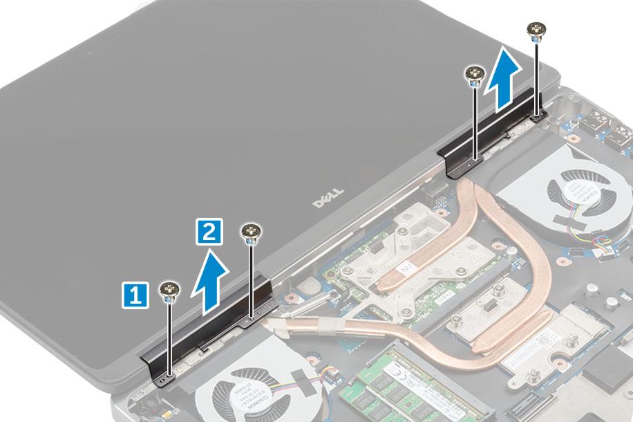 f g h WLAN-kortti WWAN-kortti kämmentuki 3 Saranan tulpan irrottaminen: a Irrota ruuvit (M2.5x4.0), joilla saranan tulpat on kiinnitetty [1]. b Irrota saranan tulpat tietokoneesta [2].