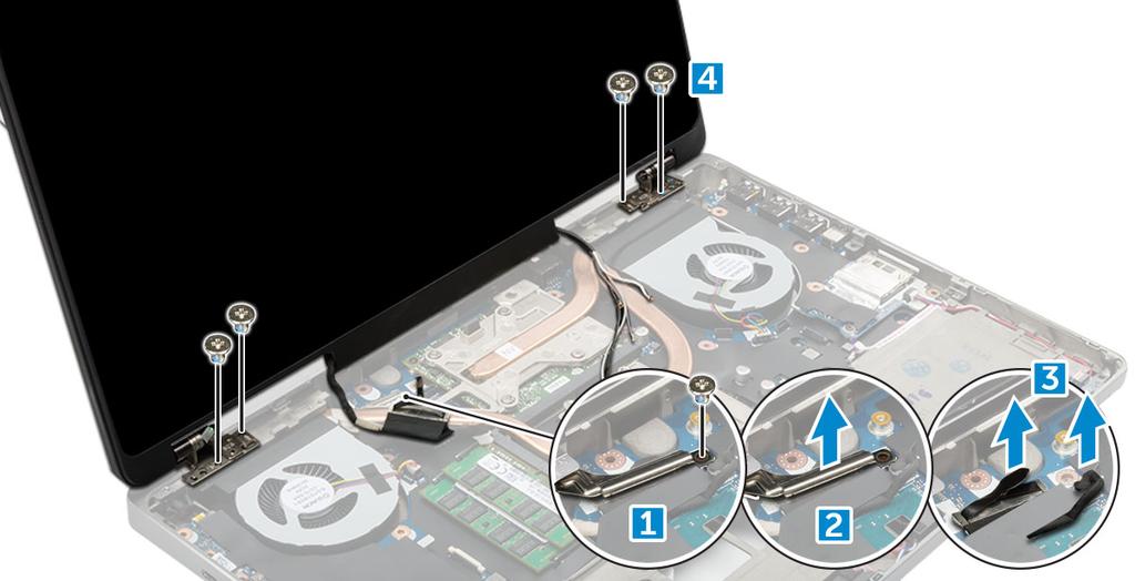 c Irrota edp-kaapelin kiinnike [2]. d Irrota teippi jäähdytyselementistä ja irrota edp-kaapeli emolevystä [3]. e Irrota M2.