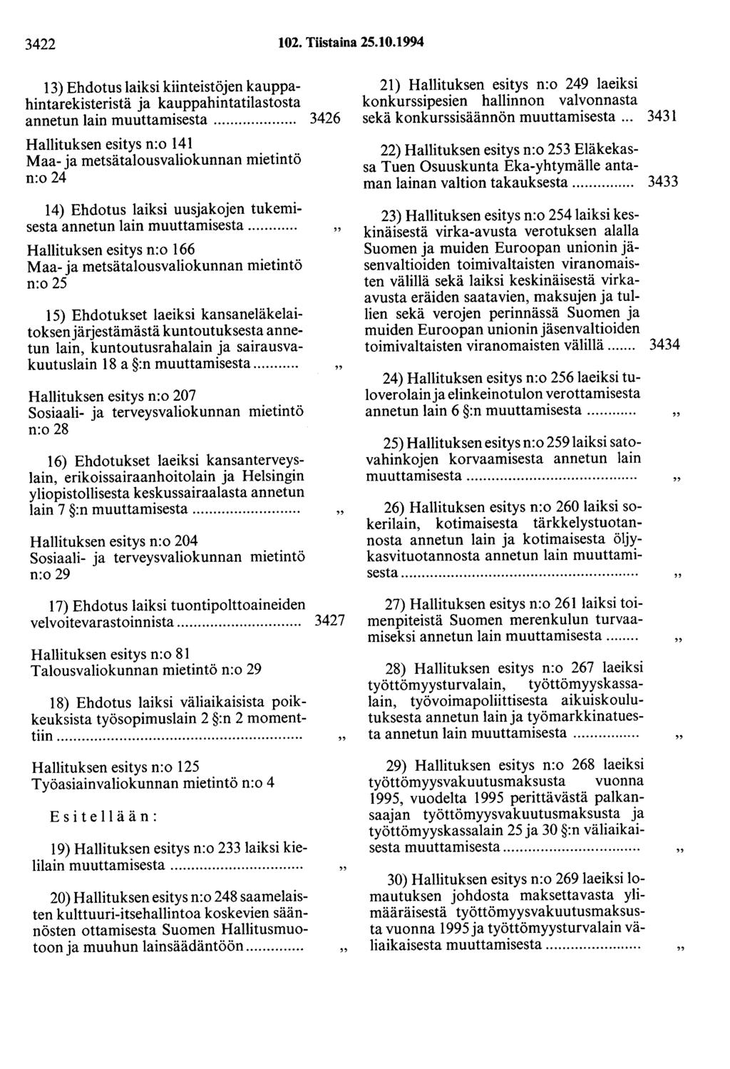 3422 102. Tiistaina 25.10.1994 13) Ehdotus laiksi kiinteistöjen kauppahintarekisteristä ja kauppahintatilastosta annetun lain muuttamisesta.